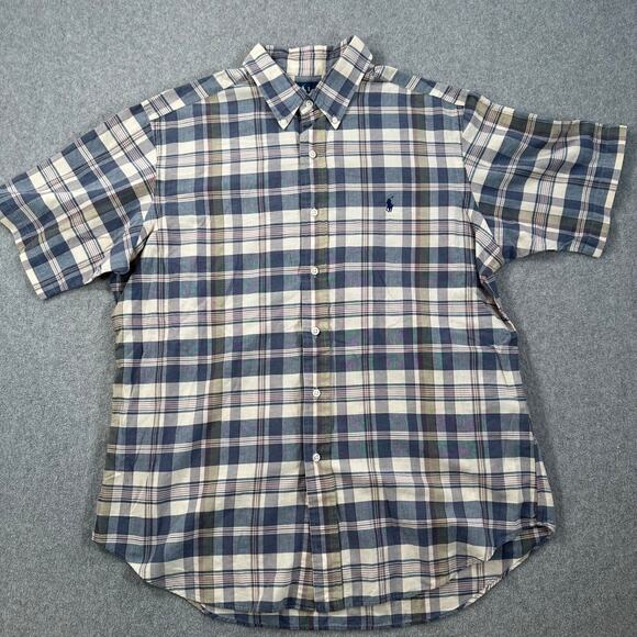 Ralph Lauren Short Sleeve Button Down Shirt Men's Large Classic Fit Blue Plaid - Picture 1 of 8